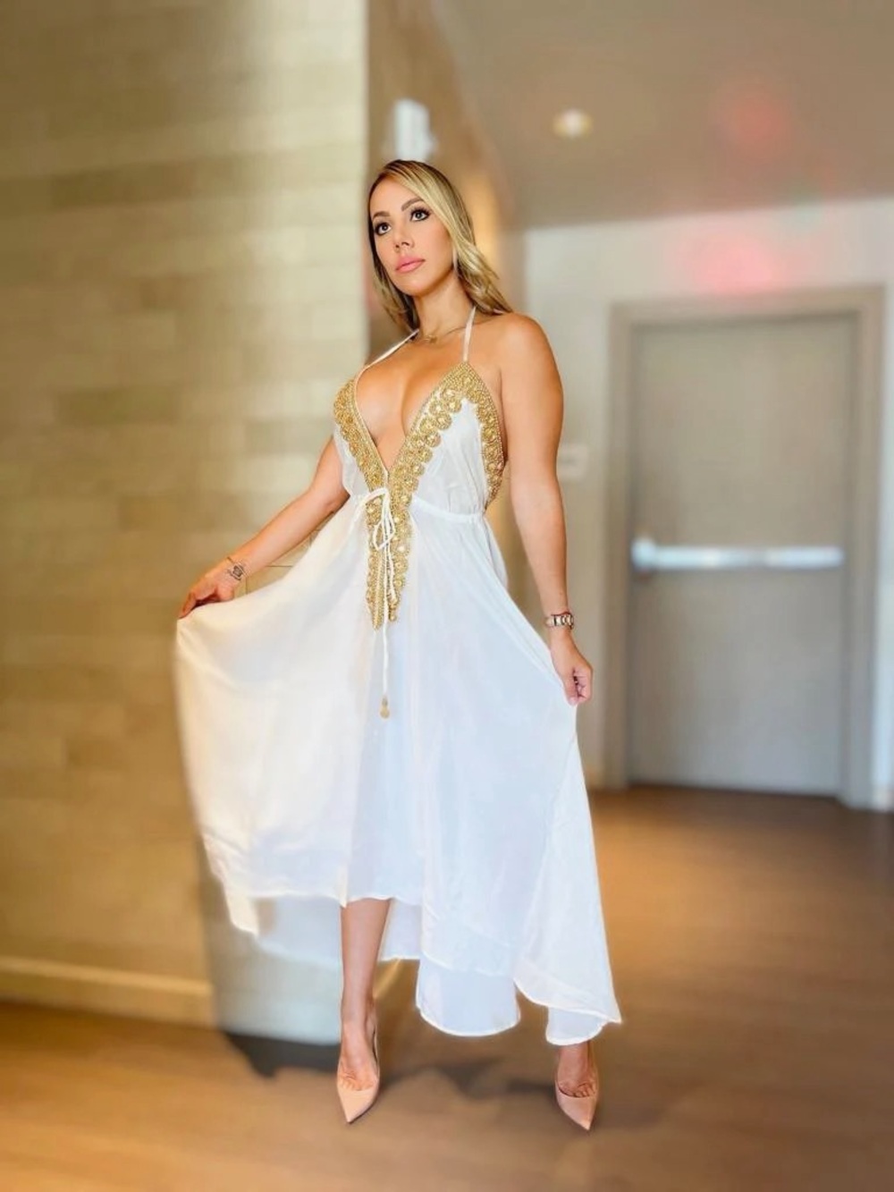 White Halter Dress with Gold Trim